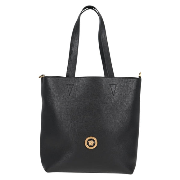 VERSACE Tote Bag Leather 2way Black Gold Auth 118688A