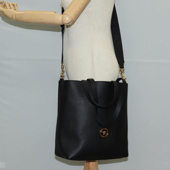 VERSACE Tote Bag Leather 2way Black Gold Auth 118688A