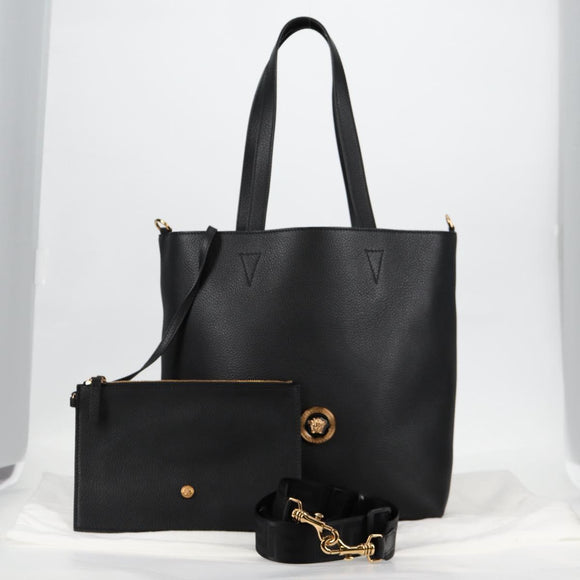 VERSACE Tote Bag Leather 2way Black Gold Auth 118688A