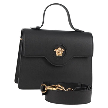VERSACE Hand Bag Leather 2way Gold Black Auth 118691M
