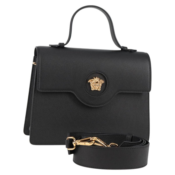VERSACE Hand Bag Leather 2way Gold Black Auth 118691M