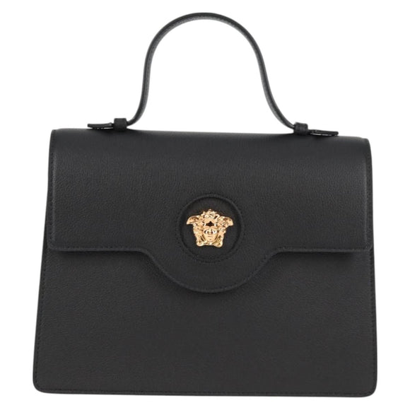 VERSACE Hand Bag Leather 2way Gold Black Auth 118691M