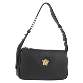 VERSACE Hand Bag Leather Black Gold Auth 118692V