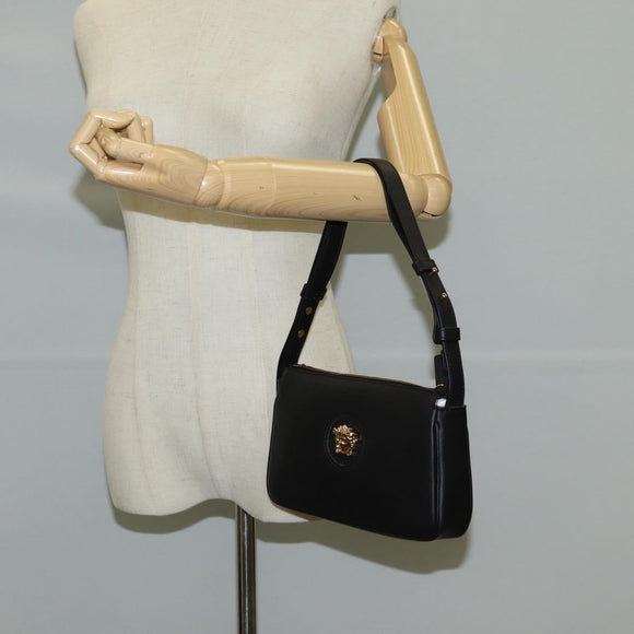 VERSACE Hand Bag Leather Black Gold Auth 118692A