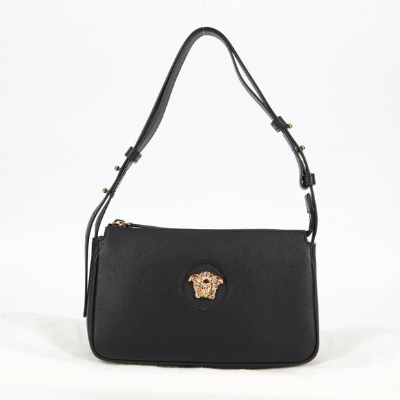 VERSACE Hand Bag Leather Black Gold Auth 118692A