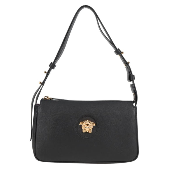 VERSACE Hand Bag Leather Black Gold Auth 118692A