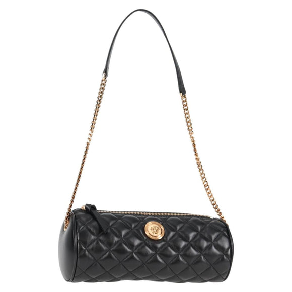 VERSACE Chain Shoulder Bag Leather Black Gold Auth 118693A