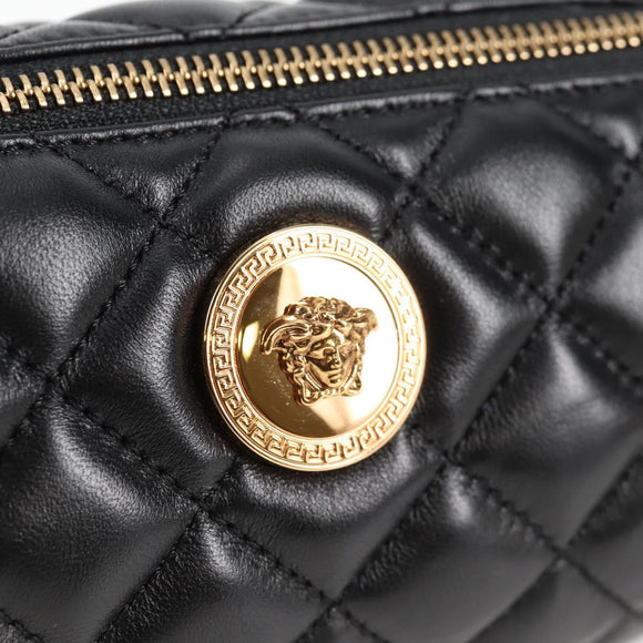 VERSACE Chain Shoulder Bag Leather Black Gold Auth 118693A