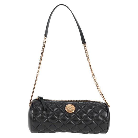 VERSACE Chain Shoulder Bag Leather Black Gold Auth 118693A