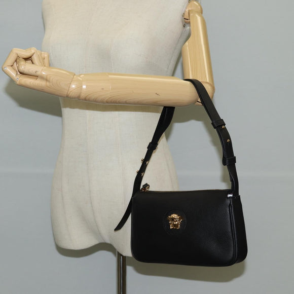 VERSACE Hand Bag Leather Gold Black Auth 118694A
