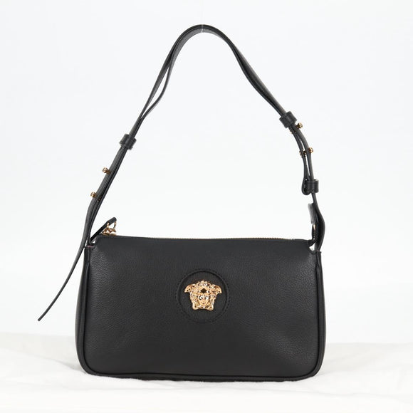 VERSACE Hand Bag Leather Gold Black Auth 118694A
