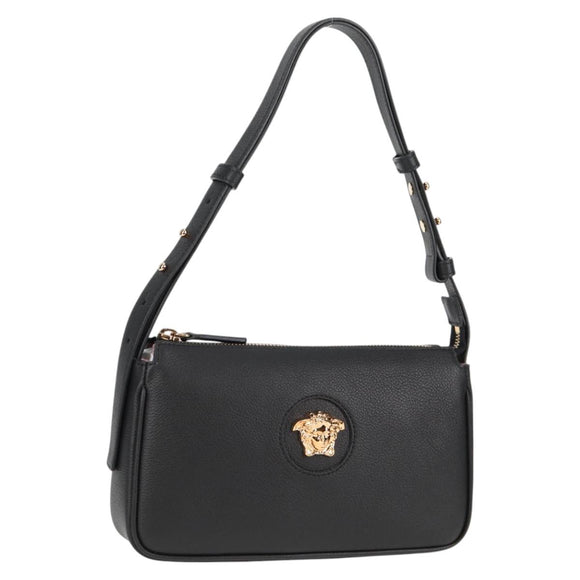 VERSACE Hand Bag Leather Black Gold Auth 118695A