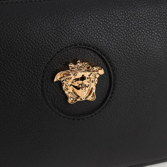VERSACE Hand Bag Leather Black Gold Auth 118695A