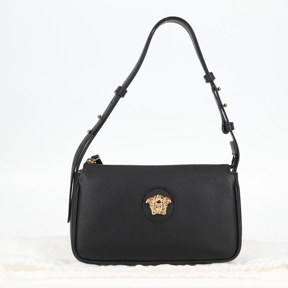 VERSACE Hand Bag Leather Black Gold Auth 118695A