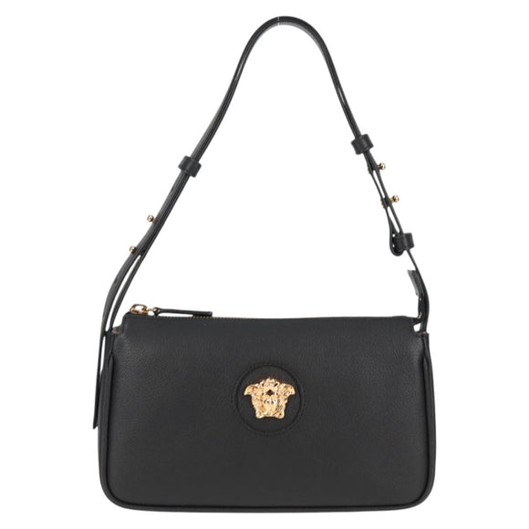 VERSACE Hand Bag Leather Black Gold Auth 118695A