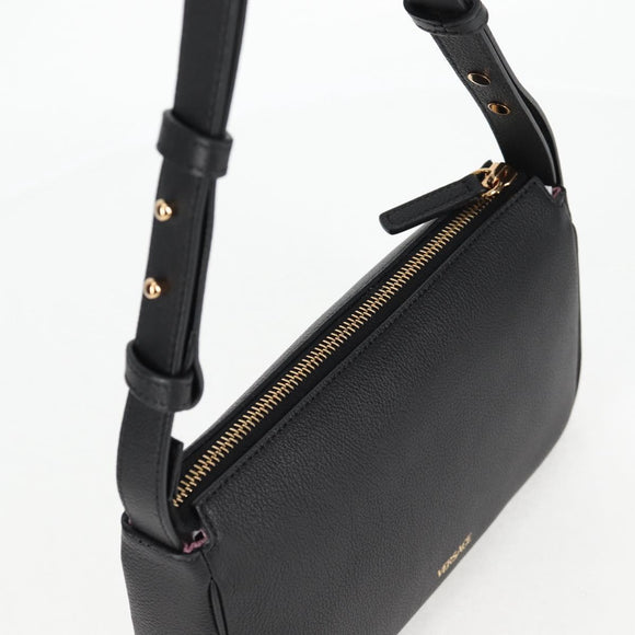 VERSACE Hand Bag Leather Black Gold Auth 118695A