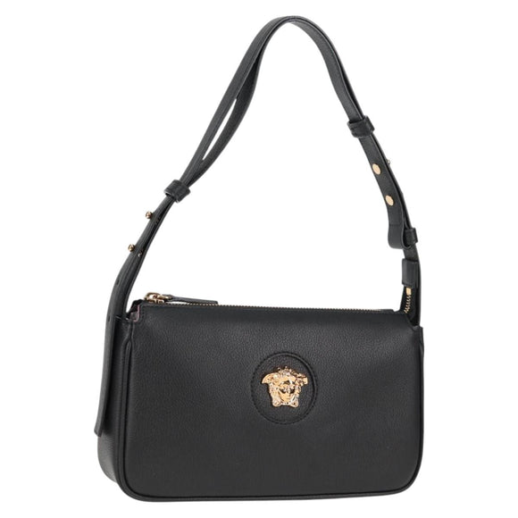 VERSACE Hand Bag Leather Gold Black Auth 118698M
