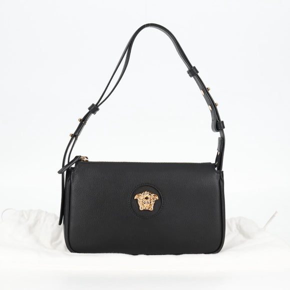 VERSACE Hand Bag Leather Gold Black Auth 118698M