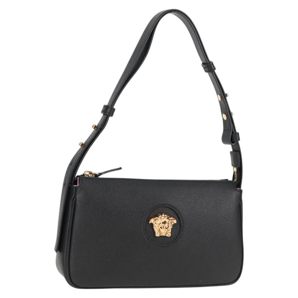 VERSACE Hand Bag Leather Gold Black Auth 118699A