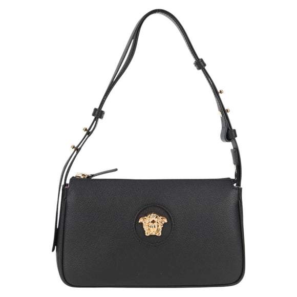 VERSACE Hand Bag Leather Gold Black Auth 118699A