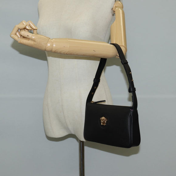 VERSACE Hand Bag Leather Gold Black Auth 118699A