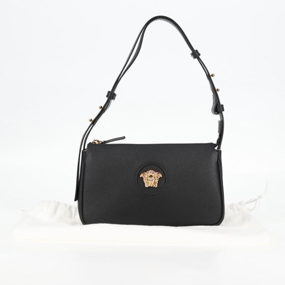 VERSACE Hand Bag Leather Gold Black Auth 118699A