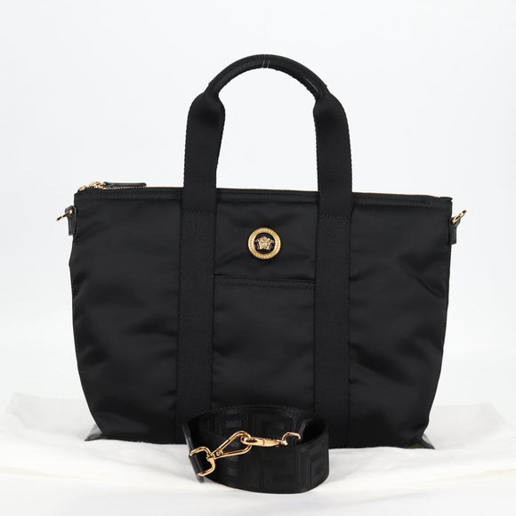 VERSACE Hand Bag Nylon 2way Black Gold Auth 118725V