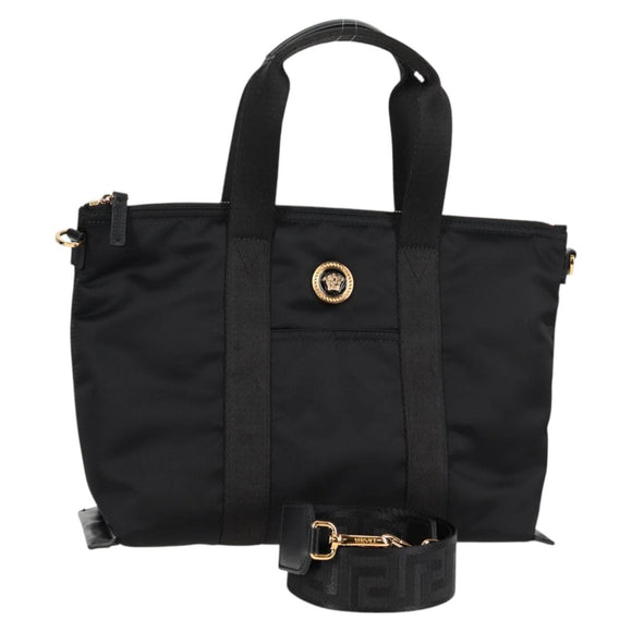VERSACE Hand Bag Nylon 2way Black Gold Auth 118726V