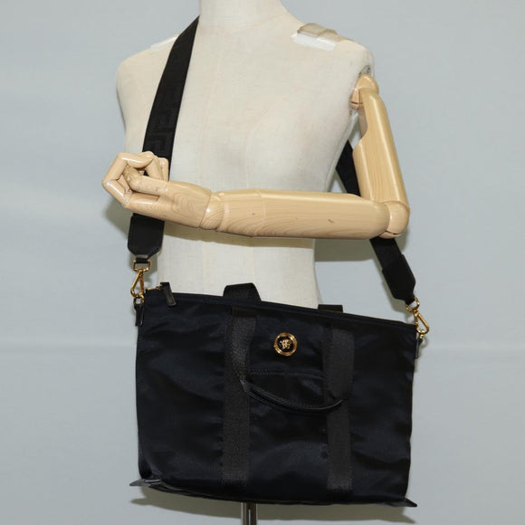 VERSACE Hand Bag Nylon 2way Black Gold Auth 118726A