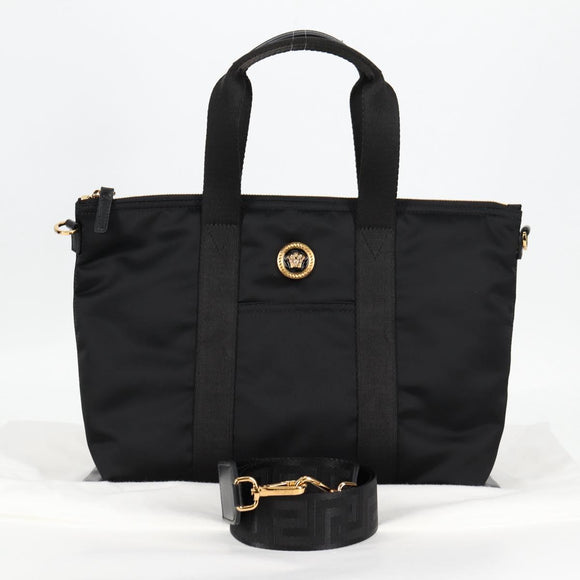 VERSACE Hand Bag Nylon 2way Black Gold Auth 118726A