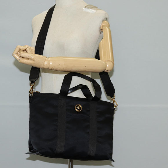 VERSACE Hand Bag Nylon 2way Black Gold Auth 118727V