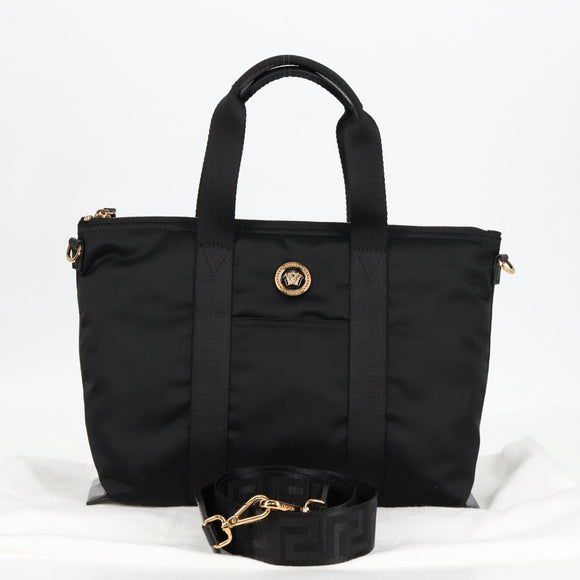 VERSACE Hand Bag Nylon 2way Black Gold Auth 118727V