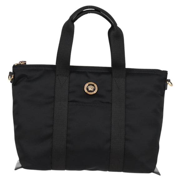 VERSACE Hand Bag Nylon 2way Black Gold Auth 118727V