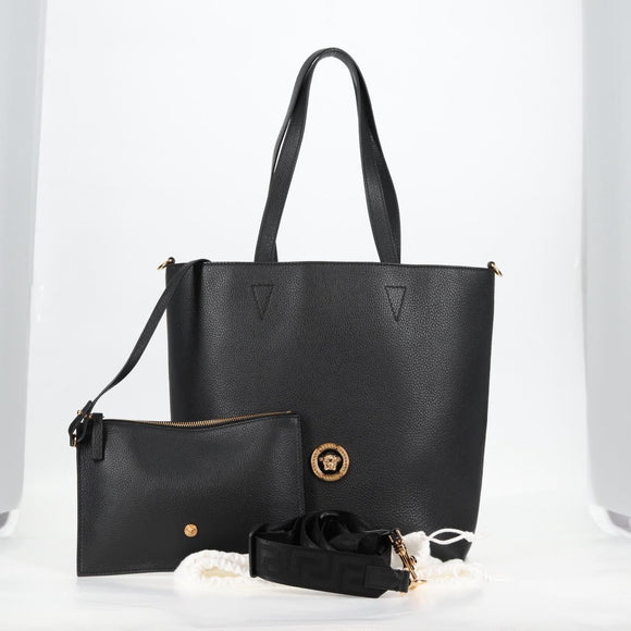 VERSACE Tote Bag Leather 2way Black Gold Auth 118738A