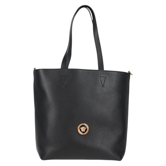 VERSACE Tote Bag Leather 2way Black Gold Auth 118739A