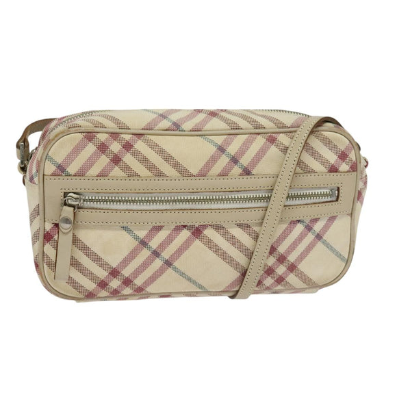 BURBERRY Nova Check Blue Label Shoulder Bag Canvas Beige Silver Auth 118746