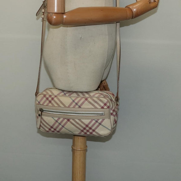 BURBERRY Nova Check Blue Label Shoulder Bag Canvas Beige Silver Auth 118746