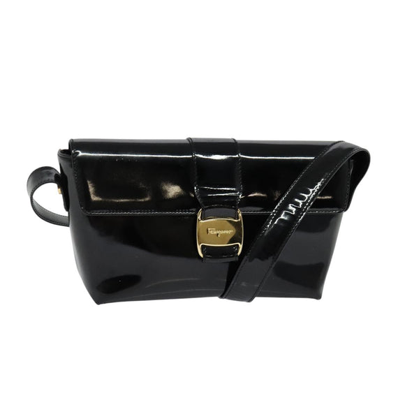 Salvatore Ferragamo Gancini Shoulder Bag Leather Black Gold Auth 118764