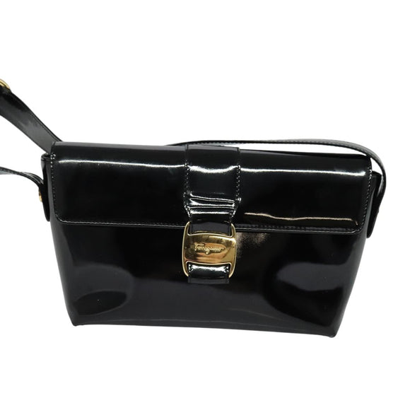 Salvatore Ferragamo Gancini Shoulder Bag Leather Black Gold Auth 118764
