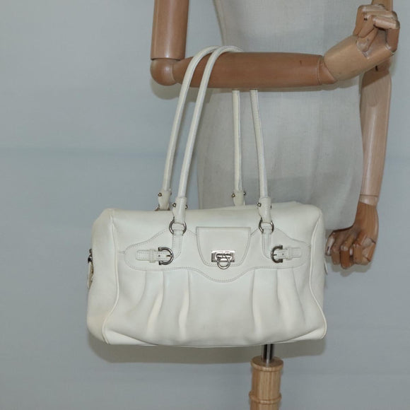Salvatore Ferragamo Gancini Hand Bag Leather White Silver Auth 118766