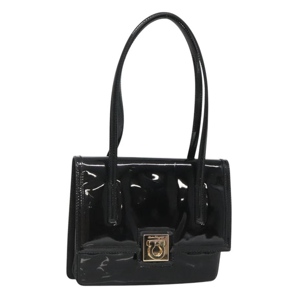 Salvatore Ferragamo Gancini Hand Bag Patent leather Black Gold Auth 118783