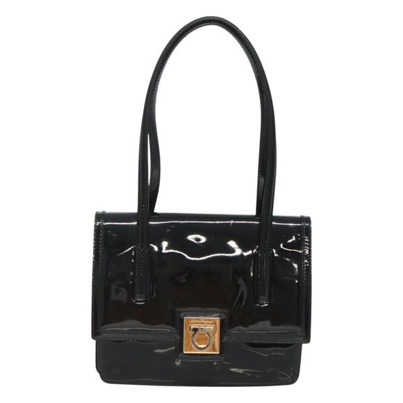 Salvatore Ferragamo Gancini Hand Bag Patent leather Black Gold Auth 118783