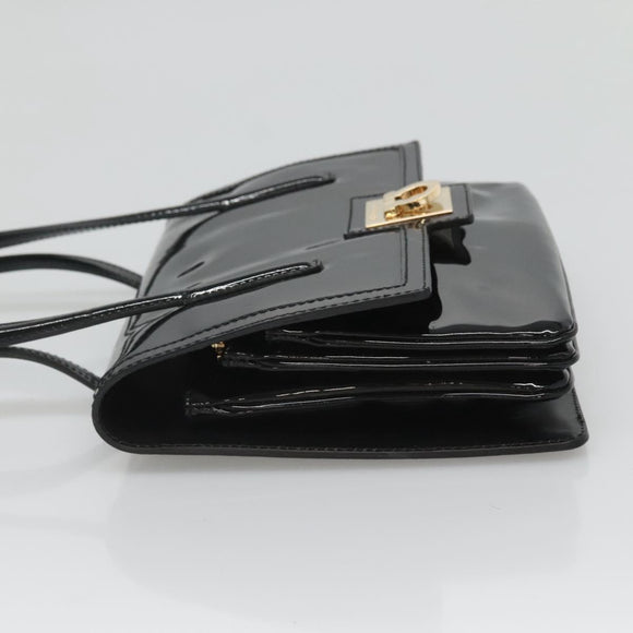 Salvatore Ferragamo Gancini Hand Bag Patent leather Black Gold Auth 118783