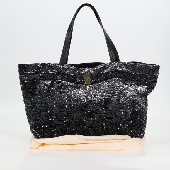 Salvatore Ferragamo Sequin Tote Bag Nylon Black Auth 118787V