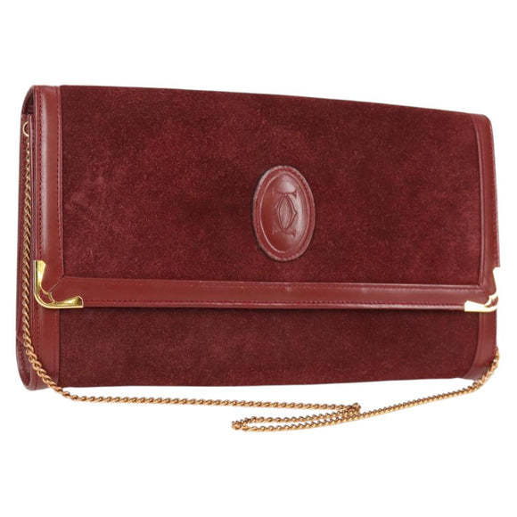 CARTIER Chain Shoulder Bag Suede Leather Red Gold Auth 118790V