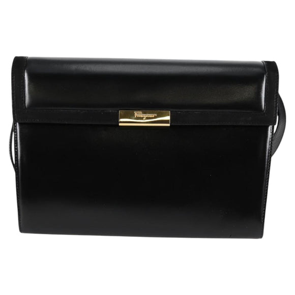 Salvatore Ferragamo Gancini Shoulder Bag Leather Black Gold Auth 118793V