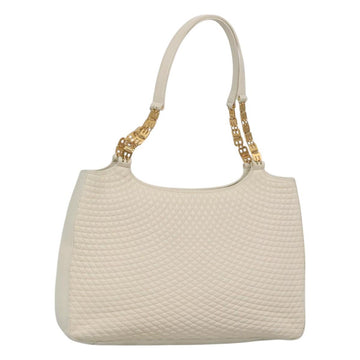 BALLY Quilted Tote Bag Leather White Gold Auth 118799