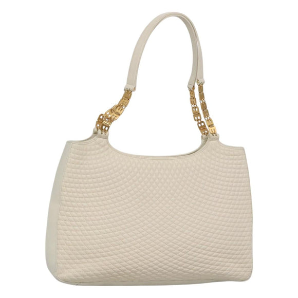 BALLY Quilted Tote Bag Leather White Gold Auth 118799
