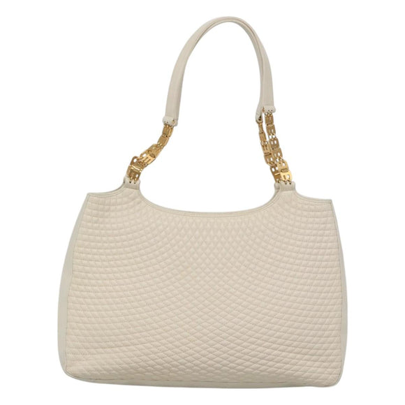 BALLY Quilted Tote Bag Leather White Gold Auth 118799