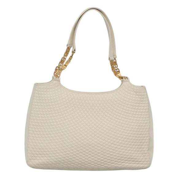 BALLY Quilted Tote Bag Leather White Gold Auth 118799